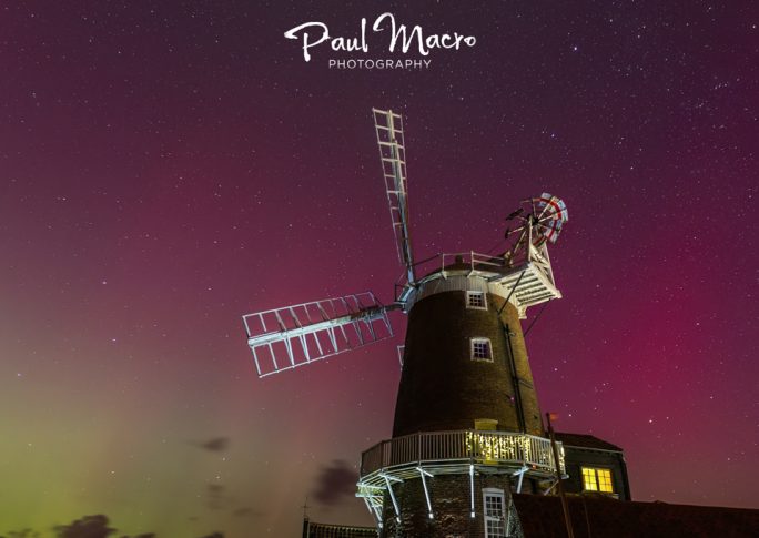 Aurora Borealis 'Norfolk' Lights over Cley Windmill
