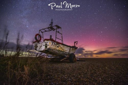 Aurora Borealis 'Norfolk' Lights over Fishing Boat on Cley Beach